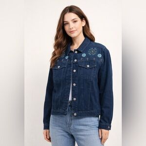 Carole Little Embroidered Denim Jacket Blue Floral Western Boho Women's 14